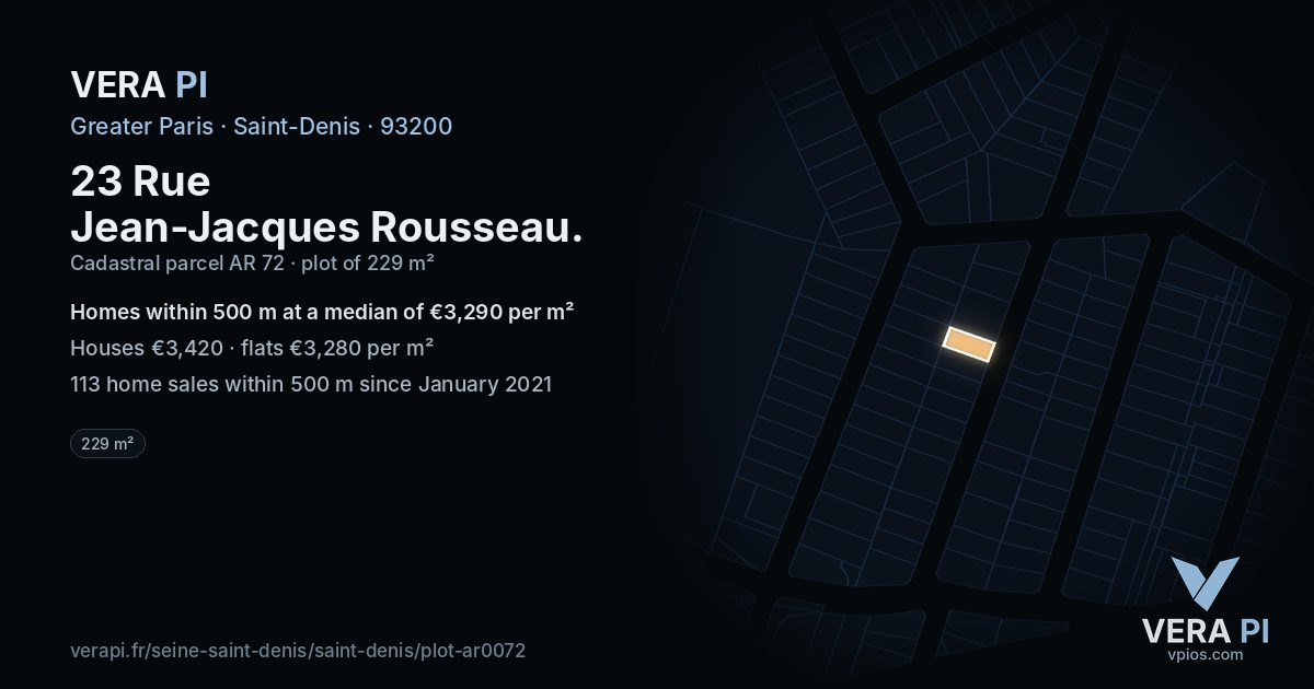 23 Rue Jean-Jacques Rousseau, Saint-Denis at night – the plot lit, the parcels around coloured by the prices near them