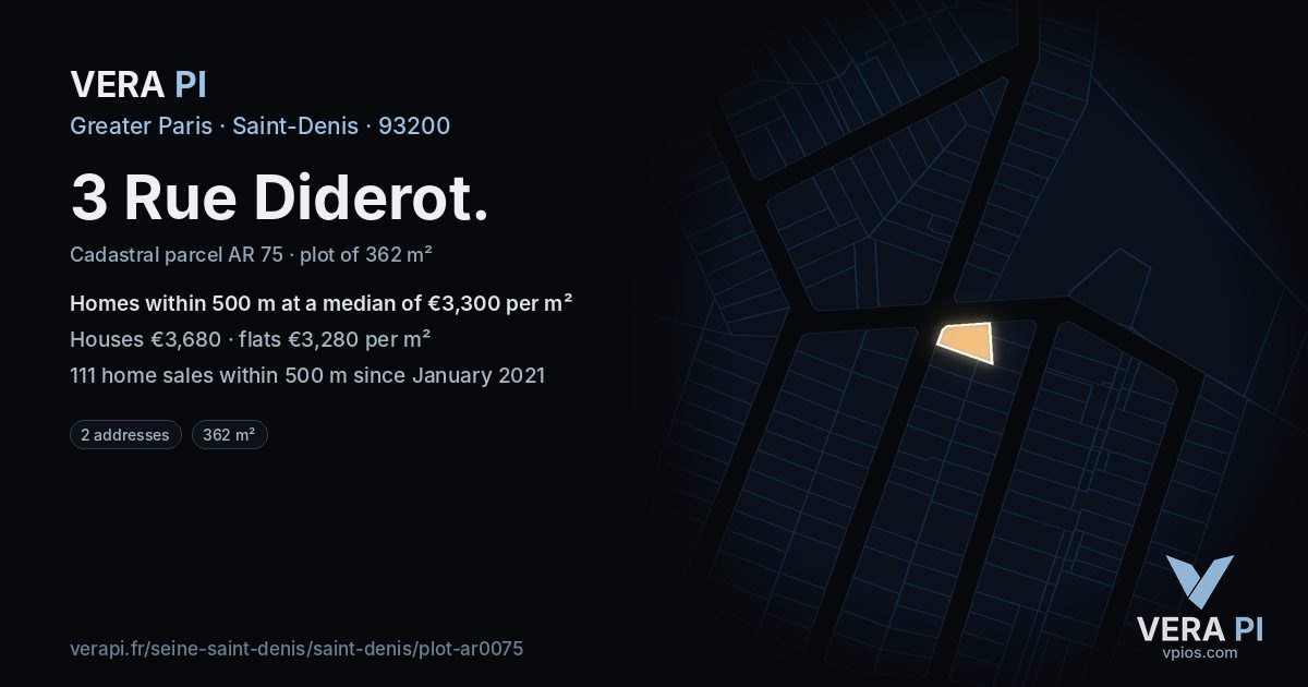 3 Rue Diderot, Saint-Denis at night – the plot lit, the parcels around coloured by the prices near them