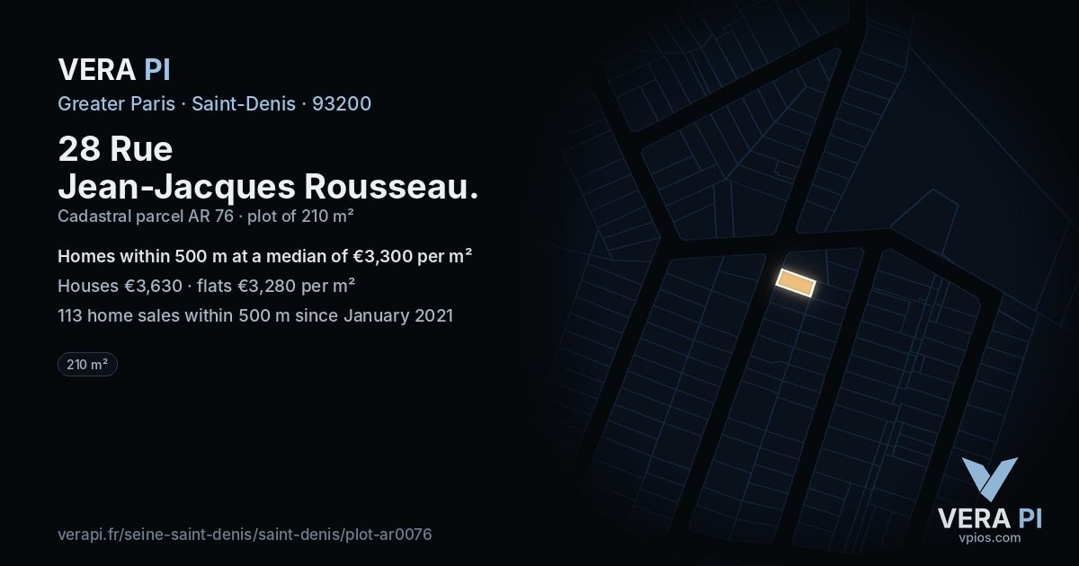 28 Rue Jean-Jacques Rousseau, Saint-Denis at night – the plot lit, the parcels around coloured by the prices near them