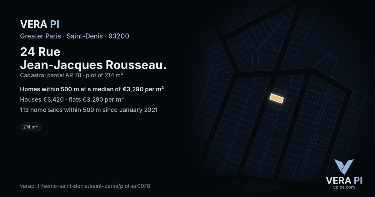 24 Rue Jean-Jacques Rousseau, Saint-Denis at night – the plot lit, the parcels around coloured by the prices near them