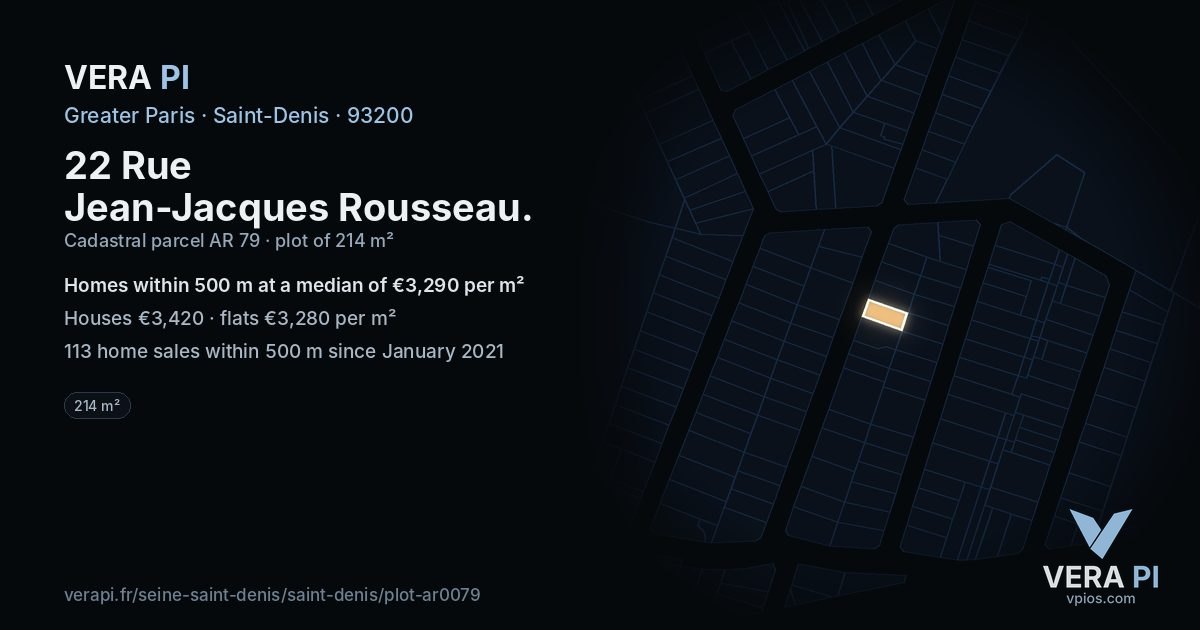 22 Rue Jean-Jacques Rousseau, Saint-Denis at night – the plot lit, the parcels around coloured by the prices near them