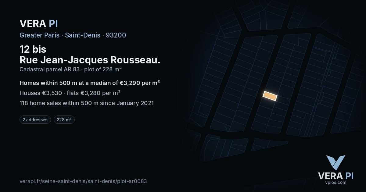 12 bis Rue Jean-Jacques Rousseau, Saint-Denis at night – the plot lit, the parcels around coloured by the prices near them