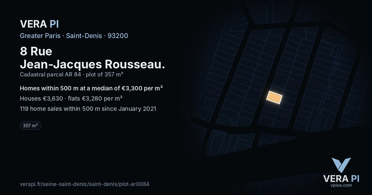 8 Rue Jean-Jacques Rousseau, Saint-Denis at night – the plot lit, the parcels around coloured by the prices near them
