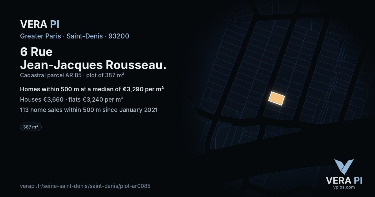 6 Rue Jean-Jacques Rousseau, Saint-Denis at night – the plot lit, the parcels around coloured by the prices near them