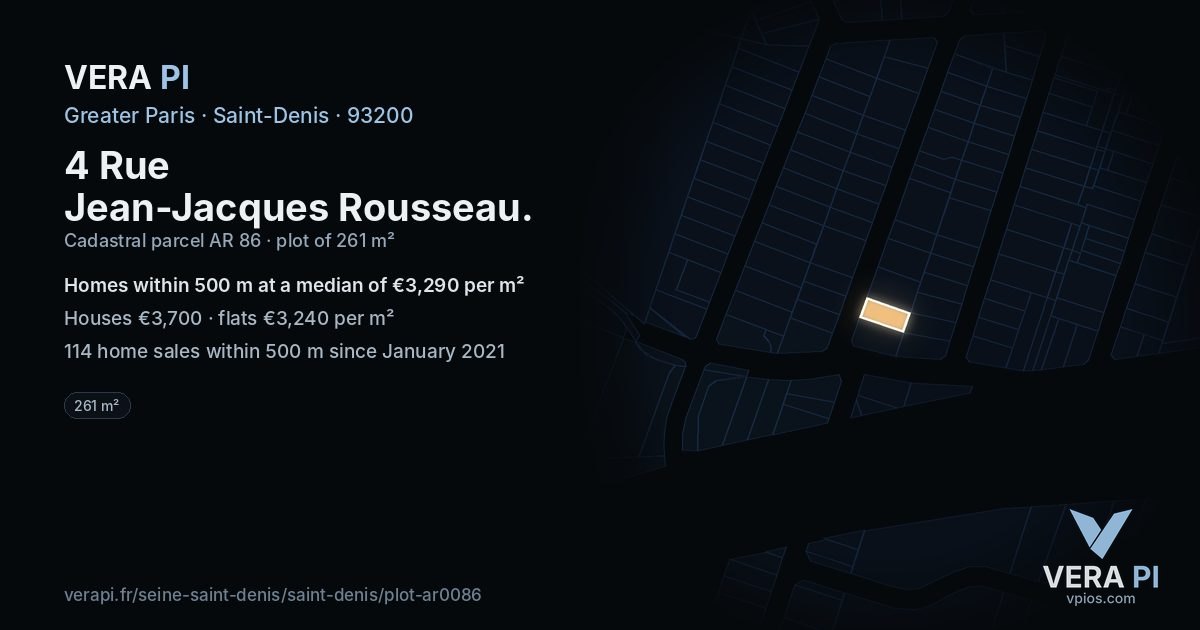 4 Rue Jean-Jacques Rousseau, Saint-Denis at night – the plot lit, the parcels around coloured by the prices near them