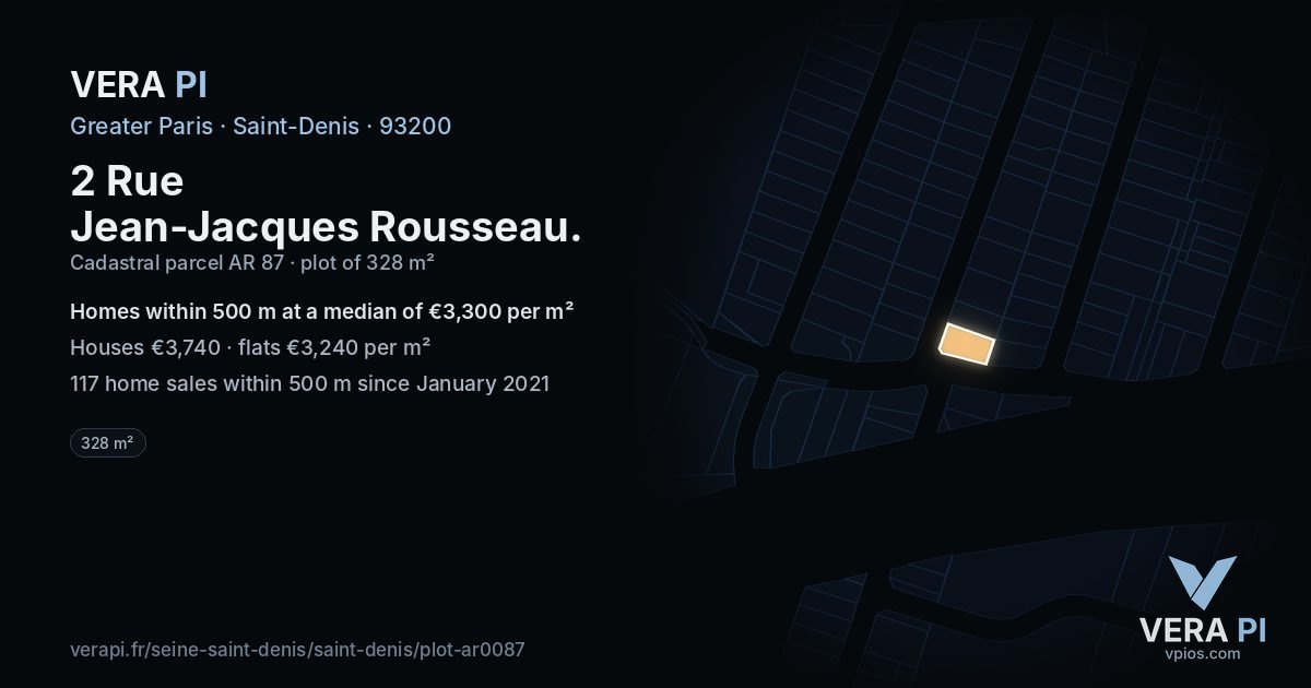 2 Rue Jean-Jacques Rousseau, Saint-Denis at night – the plot lit, the parcels around coloured by the prices near them