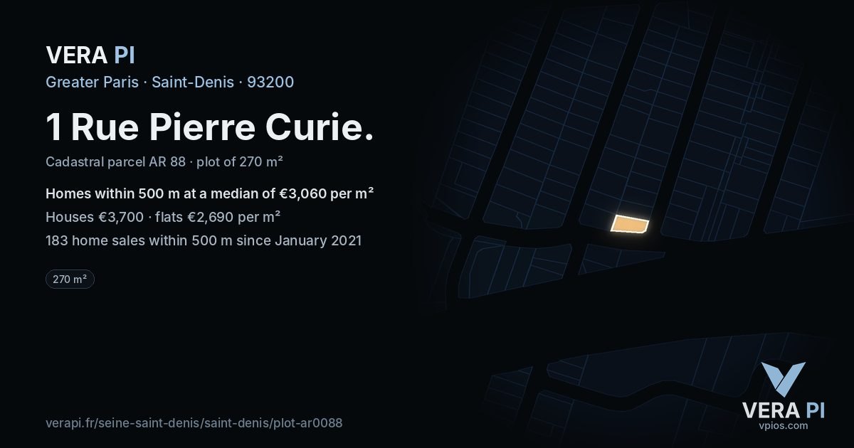 1 Rue Pierre Curie, Saint-Denis at night – the plot lit, the parcels around coloured by the prices near them