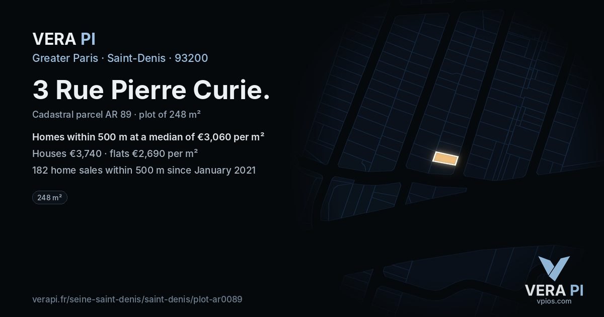 3 Rue Pierre Curie, Saint-Denis at night – the plot lit, the parcels around coloured by the prices near them