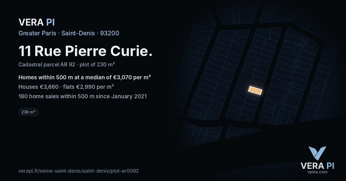 11 Rue Pierre Curie, Saint-Denis at night – the plot lit, the parcels around coloured by the prices near them
