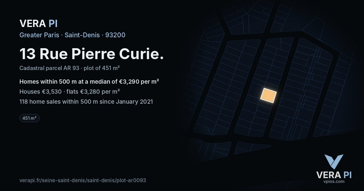 13 Rue Pierre Curie, Saint-Denis at night – the plot lit, the parcels around coloured by the prices near them