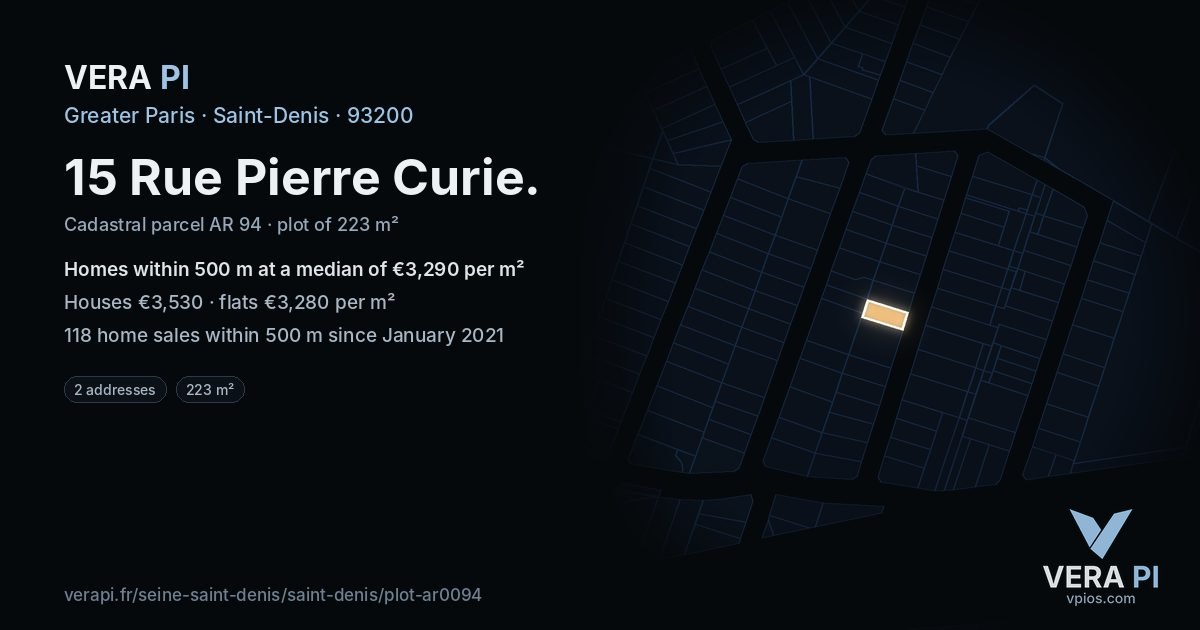 15 Rue Pierre Curie, Saint-Denis at night – the plot lit, the parcels around coloured by the prices near them