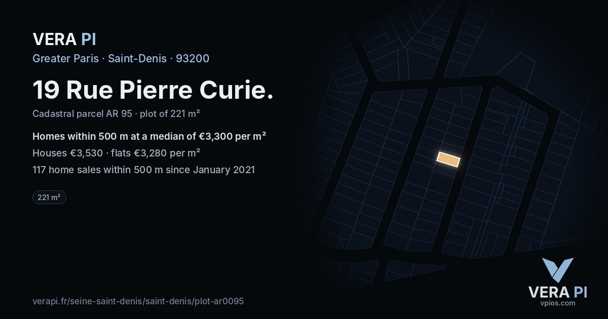 19 Rue Pierre Curie, Saint-Denis at night – the plot lit, the parcels around coloured by the prices near them