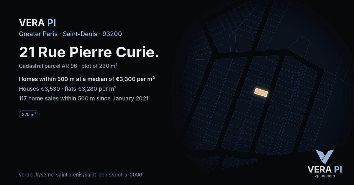 21 Rue Pierre Curie, Saint-Denis at night – the plot lit, the parcels around coloured by the prices near them