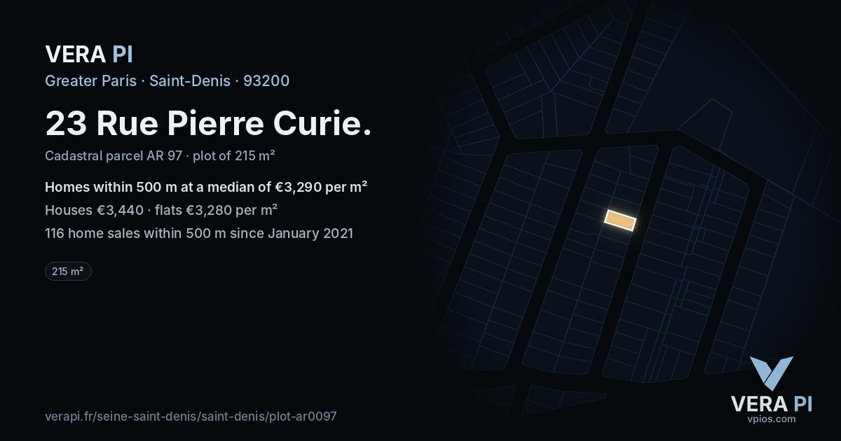 23 Rue Pierre Curie, Saint-Denis at night – the plot lit, the parcels around coloured by the prices near them