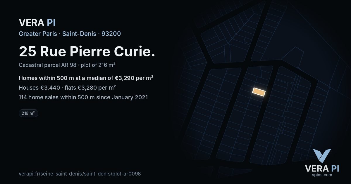 25 Rue Pierre Curie, Saint-Denis at night – the plot lit, the parcels around coloured by the prices near them
