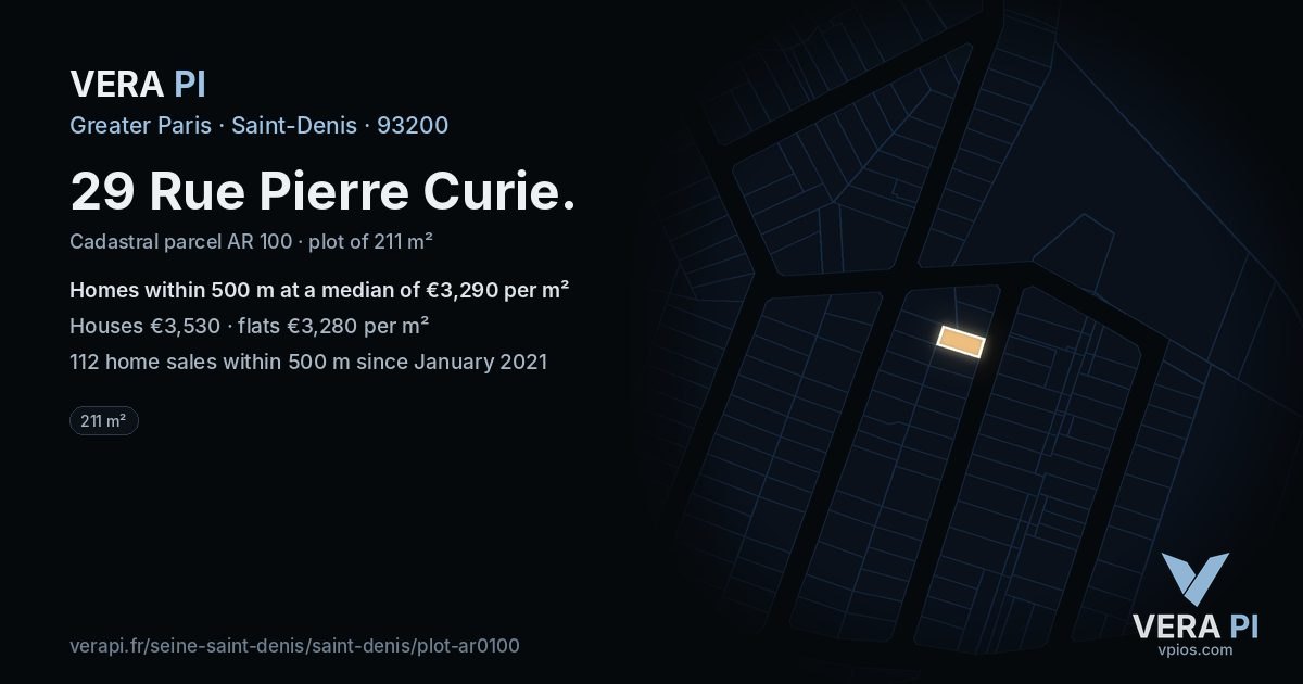 29 Rue Pierre Curie, Saint-Denis at night – the plot lit, the parcels around coloured by the prices near them