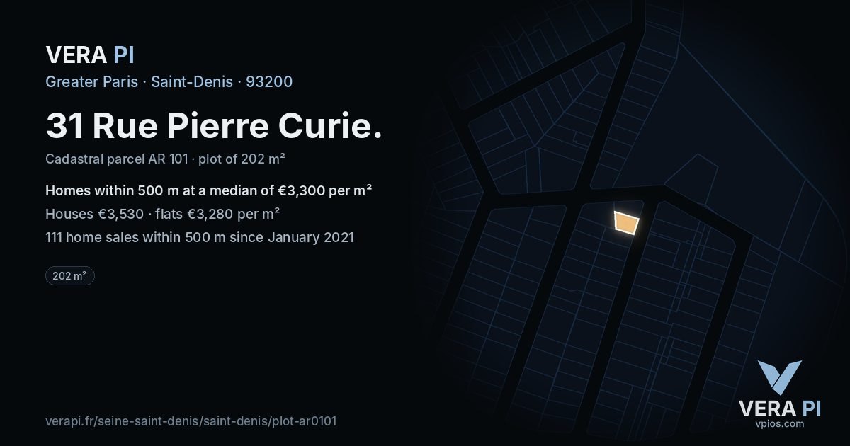 31 Rue Pierre Curie, Saint-Denis at night – the plot lit, the parcels around coloured by the prices near them