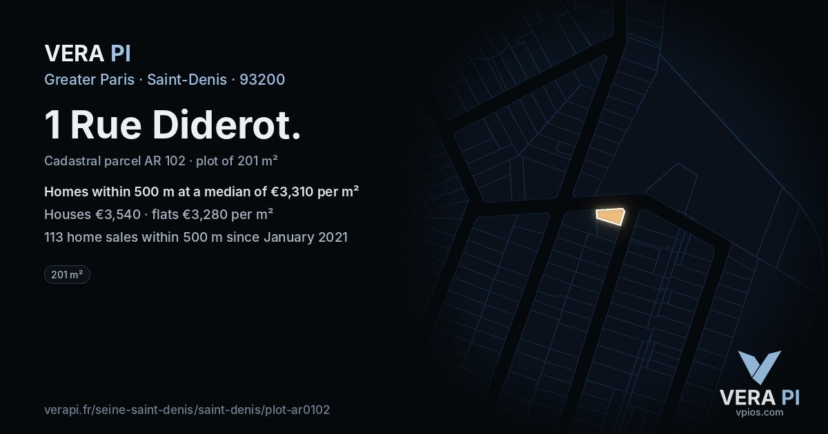1 Rue Diderot, Saint-Denis at night – the plot lit, the parcels around coloured by the prices near them