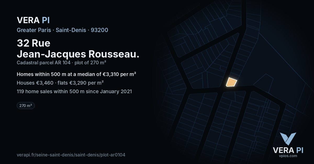 32 Rue Jean-Jacques Rousseau, Saint-Denis at night – the plot lit, the parcels around coloured by the prices near them