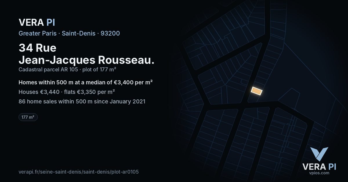34 Rue Jean-Jacques Rousseau, Saint-Denis at night – the plot lit, the parcels around coloured by the prices near them