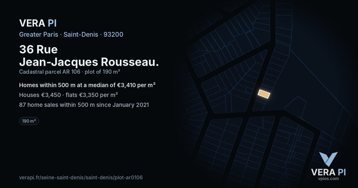 36 Rue Jean-Jacques Rousseau, Saint-Denis at night – the plot lit, the parcels around coloured by the prices near them