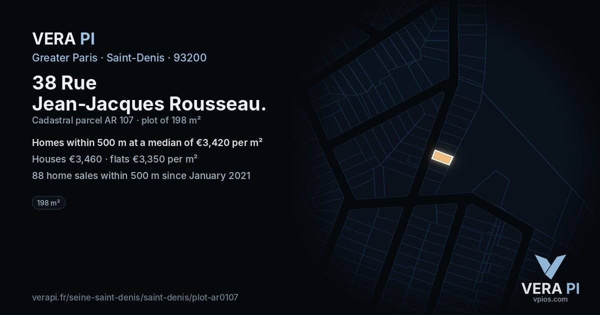 38 Rue Jean-Jacques Rousseau, Saint-Denis at night – the plot lit, the parcels around coloured by the prices near them