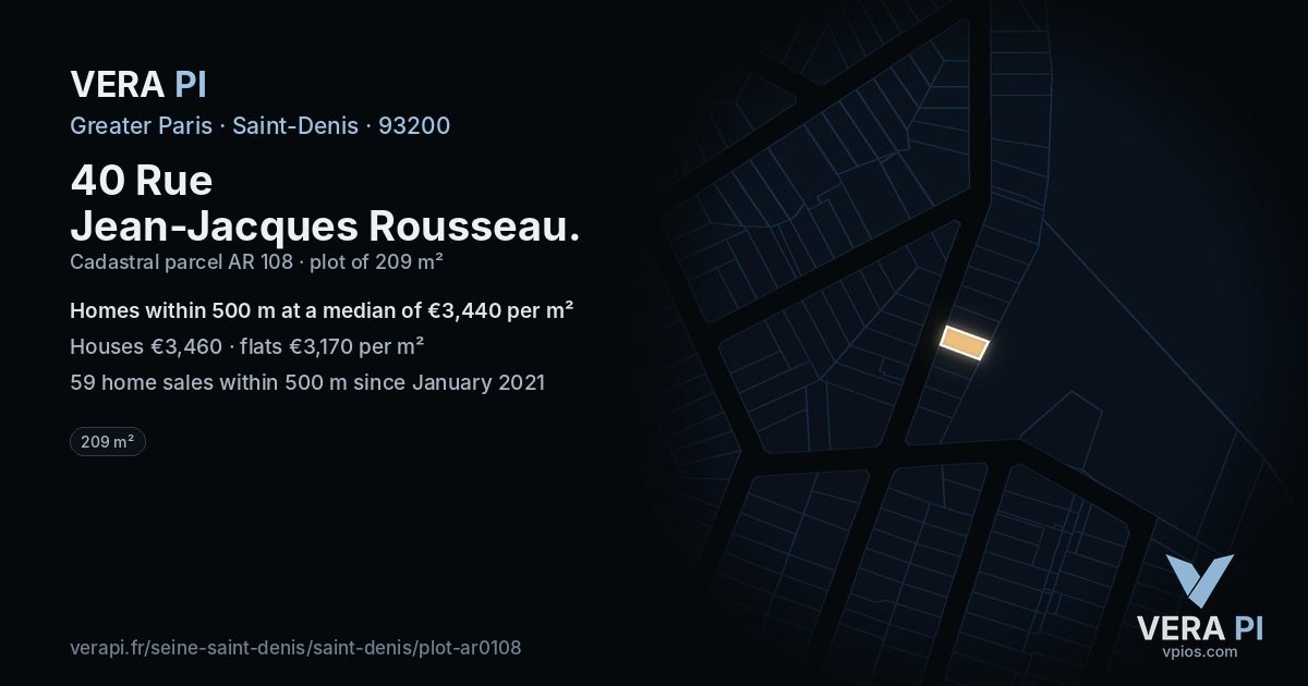 40 Rue Jean-Jacques Rousseau, Saint-Denis at night – the plot lit, the parcels around coloured by the prices near them