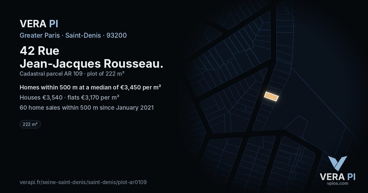 42 Rue Jean-Jacques Rousseau, Saint-Denis at night – the plot lit, the parcels around coloured by the prices near them