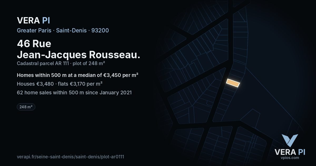 46 Rue Jean-Jacques Rousseau, Saint-Denis at night – the plot lit, the parcels around coloured by the prices near them