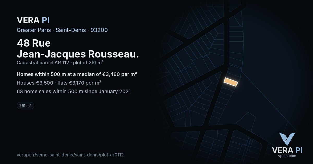 48 Rue Jean-Jacques Rousseau, Saint-Denis at night – the plot lit, the parcels around coloured by the prices near them