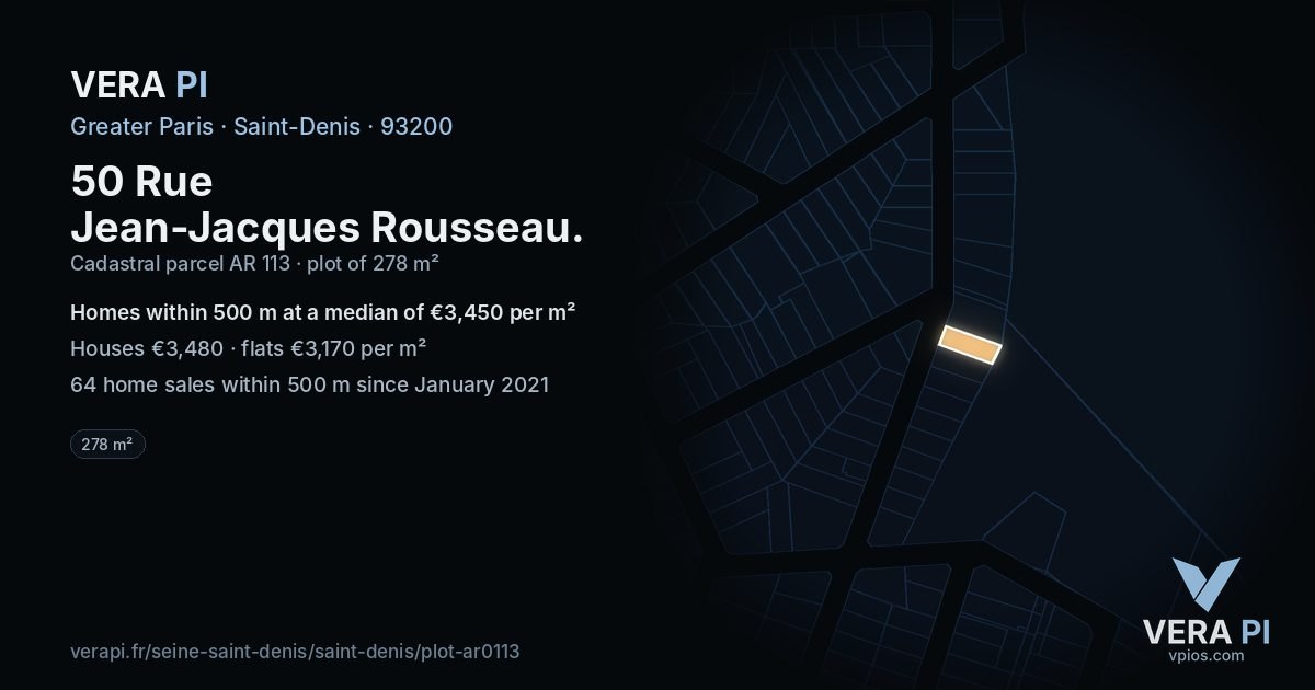 50 Rue Jean-Jacques Rousseau, Saint-Denis at night – the plot lit, the parcels around coloured by the prices near them