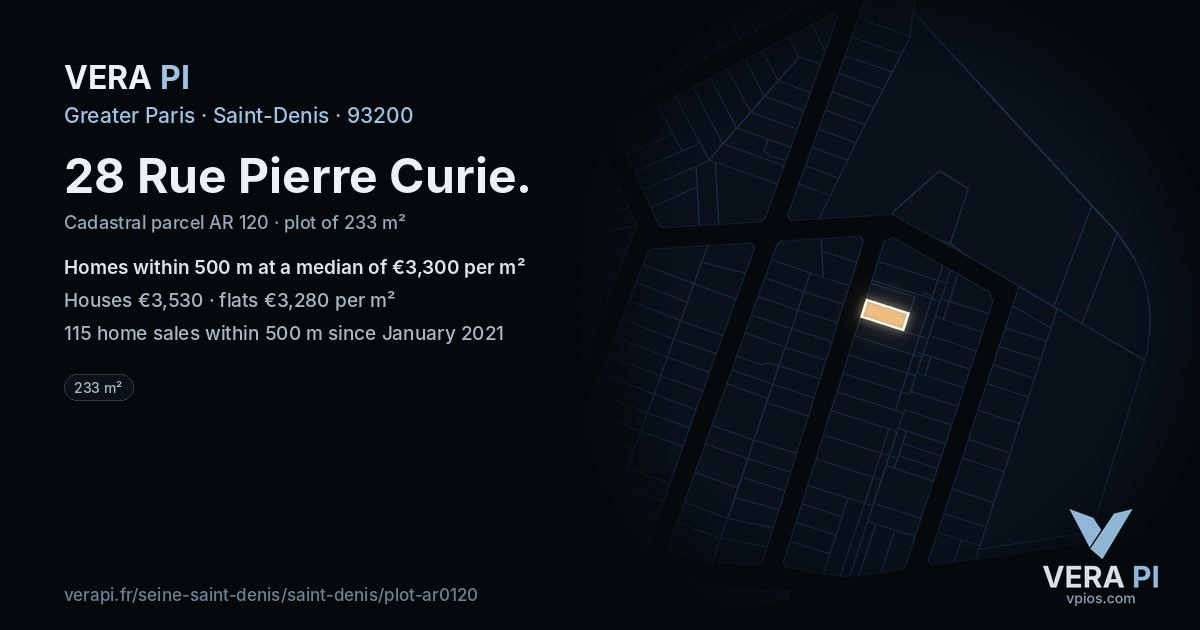 28 Rue Pierre Curie, Saint-Denis at night – the plot lit, the parcels around coloured by the prices near them