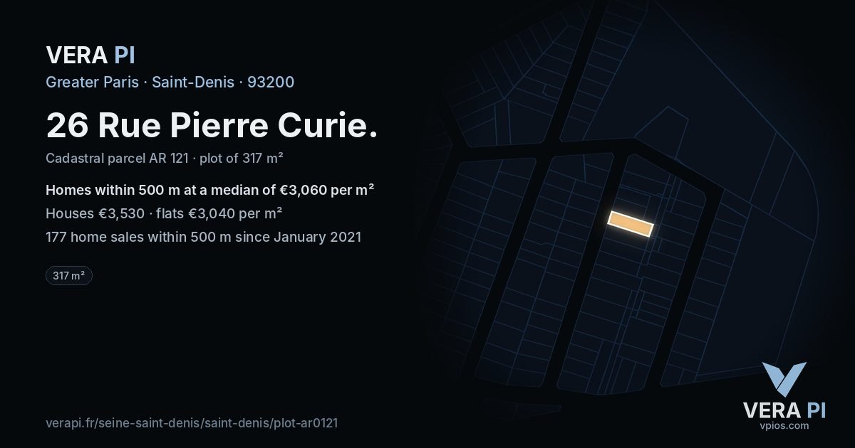 26 Rue Pierre Curie, Saint-Denis at night – the plot lit, the parcels around coloured by the prices near them