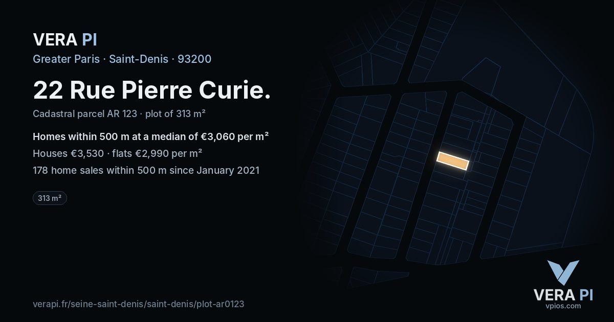22 Rue Pierre Curie, Saint-Denis at night – the plot lit, the parcels around coloured by the prices near them