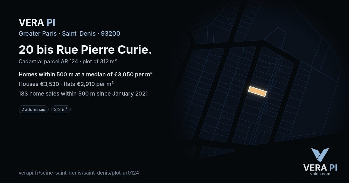 20 bis Rue Pierre Curie, Saint-Denis at night – the plot lit, the parcels around coloured by the prices near them