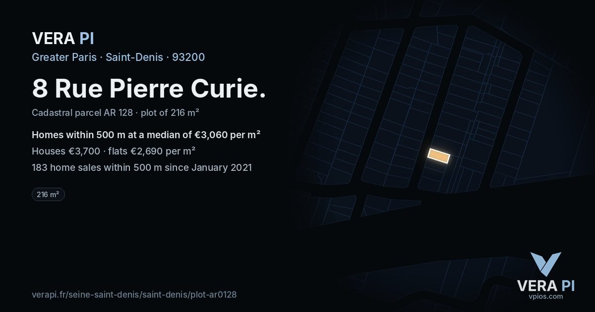 8 Rue Pierre Curie, Saint-Denis at night – the plot lit, the parcels around coloured by the prices near them