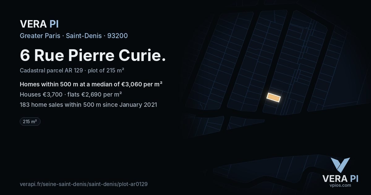 6 Rue Pierre Curie, Saint-Denis at night – the plot lit, the parcels around coloured by the prices near them