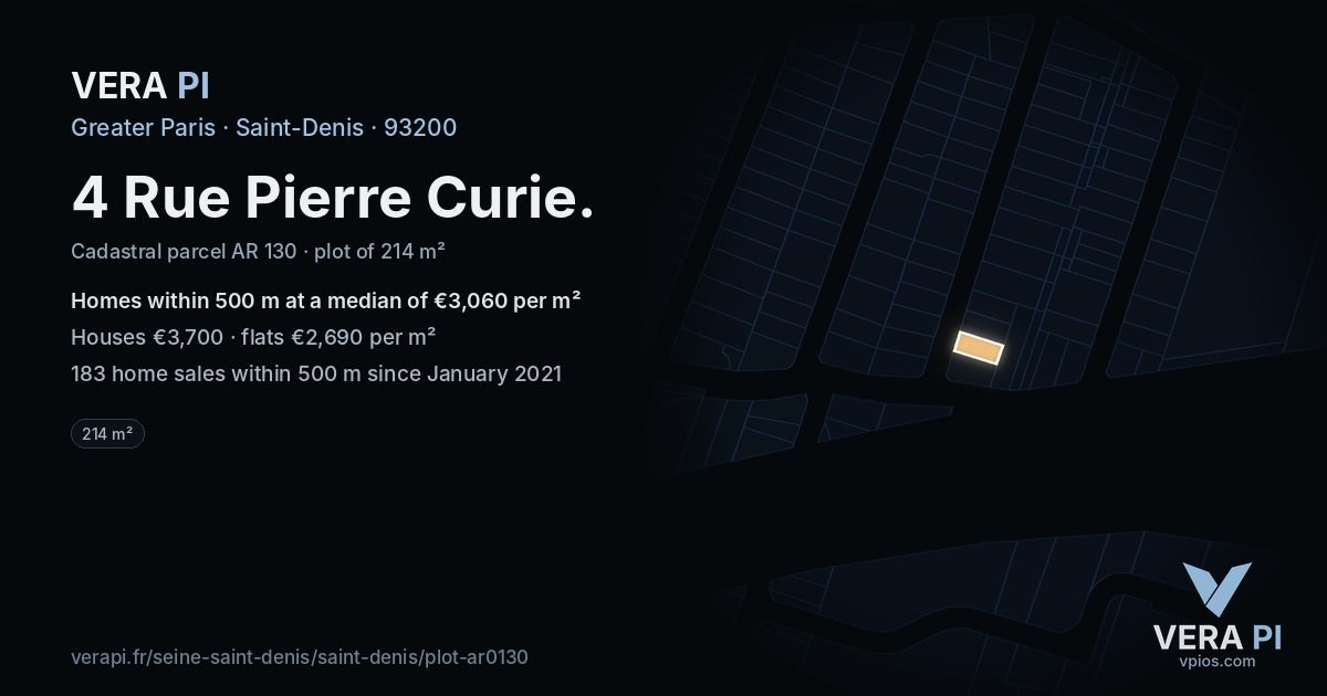 4 Rue Pierre Curie, Saint-Denis at night – the plot lit, the parcels around coloured by the prices near them
