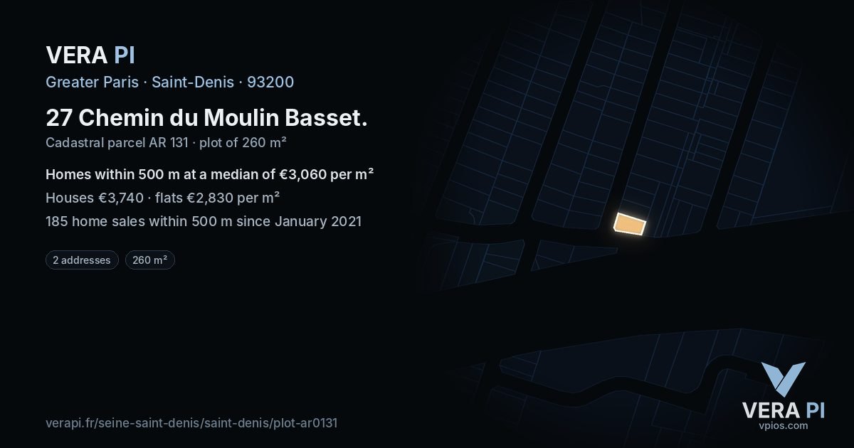 27 Chemin du Moulin Basset, Saint-Denis at night – the plot lit, the parcels around coloured by the prices near them