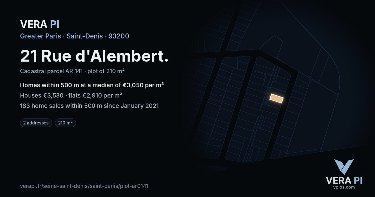 21 Rue d'Alembert, Saint-Denis at night – the plot lit, the parcels around coloured by the prices near them