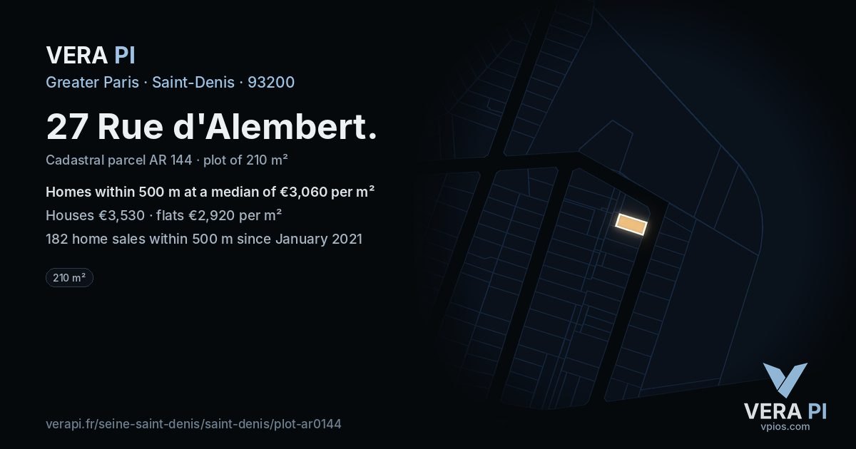 27 Rue d'Alembert, Saint-Denis at night – the plot lit, the parcels around coloured by the prices near them