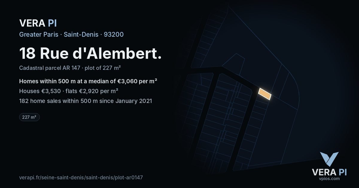 18 Rue d'Alembert, Saint-Denis at night – the plot lit, the parcels around coloured by the prices near them