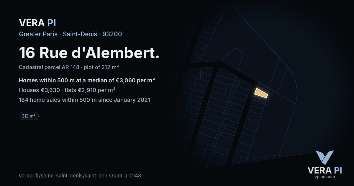 16 Rue d'Alembert, Saint-Denis at night – the plot lit, the parcels around coloured by the prices near them