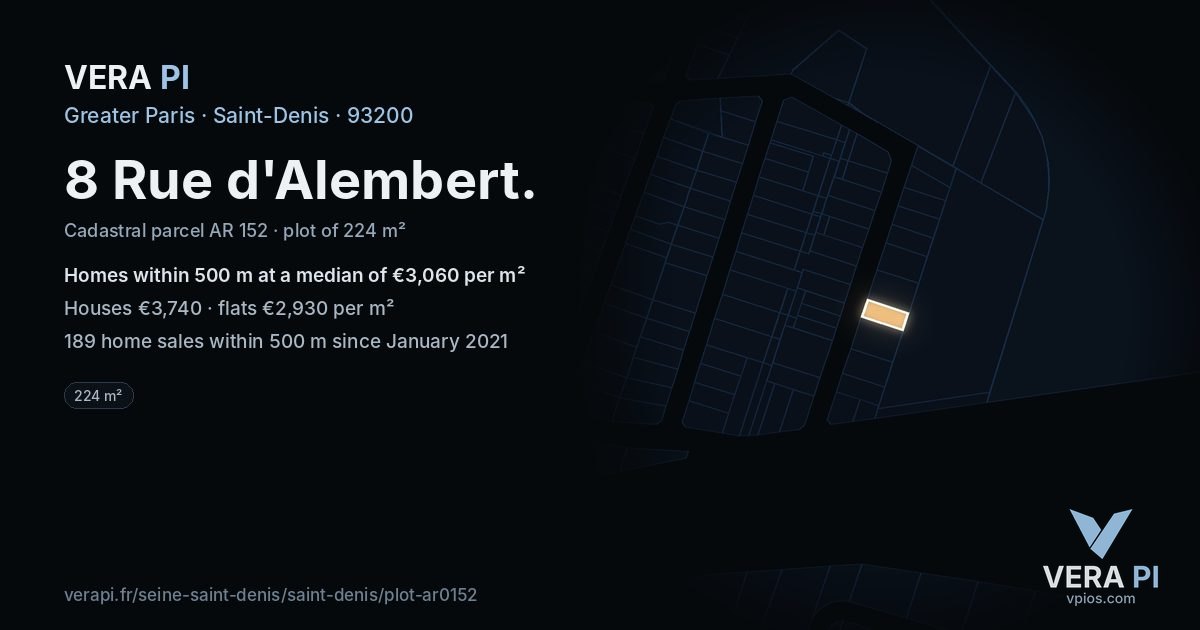 8 Rue d'Alembert, Saint-Denis at night – the plot lit, the parcels around coloured by the prices near them