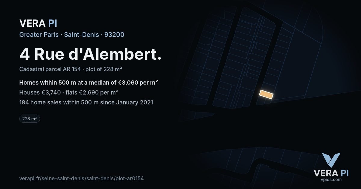 4 Rue d'Alembert, Saint-Denis at night – the plot lit, the parcels around coloured by the prices near them