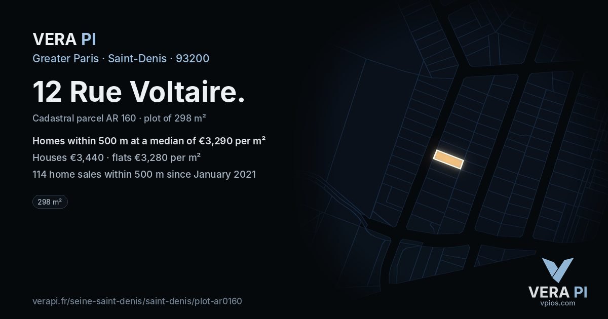 12 Rue Voltaire, Saint-Denis at night – the plot lit, the parcels around coloured by the prices near them