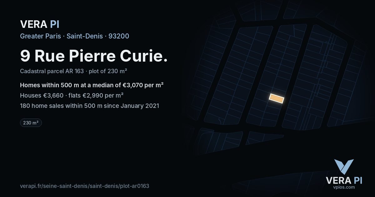 9 Rue Pierre Curie, Saint-Denis at night – the plot lit, the parcels around coloured by the prices near them