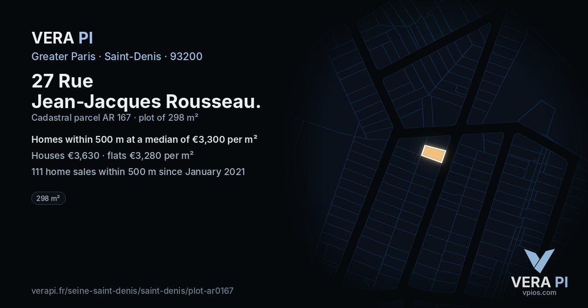 27 Rue Jean-Jacques Rousseau, Saint-Denis at night – the plot lit, the parcels around coloured by the prices near them