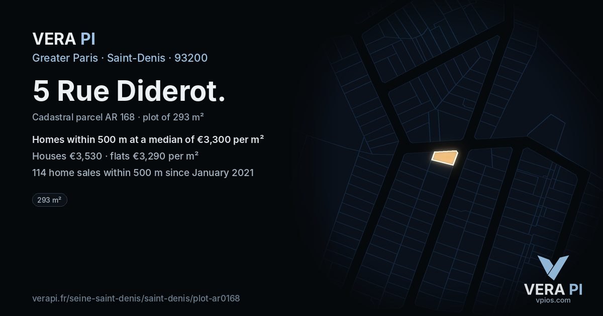 5 Rue Diderot, Saint-Denis at night – the plot lit, the parcels around coloured by the prices near them