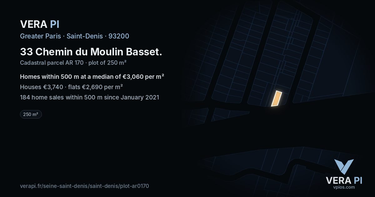 33 Chemin du Moulin Basset, Saint-Denis at night – the plot lit, the parcels around coloured by the prices near them